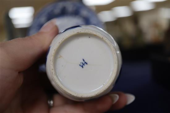 A Chinese blue and white tea bowl and saucer and two jars, Kangxi, some damage largest diameter 11cm